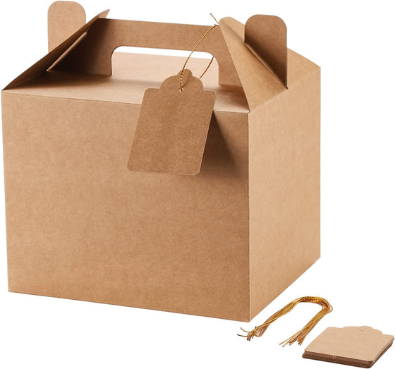 12 Pack Brown Treat Boxes, Kraft Paper Party Favor Boxes Gable Boxes Gift Boxes for Kids' Birthday Party, Wedding, Baby Shower, with Tag 7 x 5.5 x 5.5 Inches