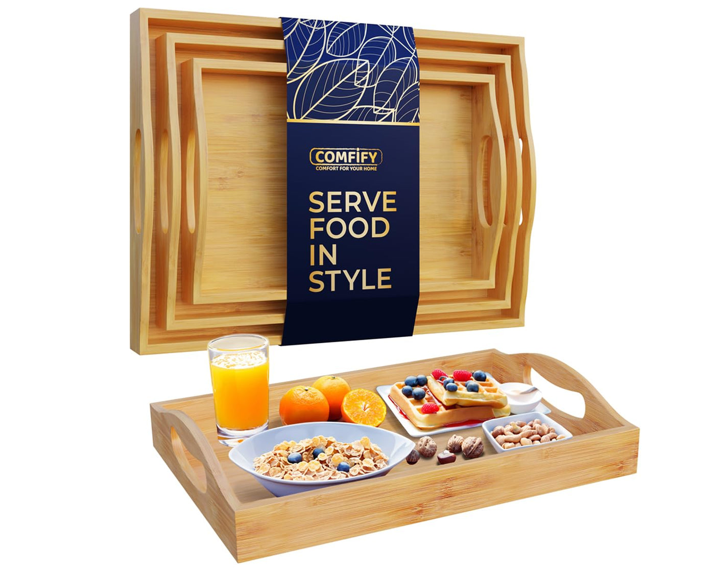 Comfify Bamboo Serving Trays – Set of 3 Ottoman Trays for Food, Entertaining, and Decor – Minimalist Design