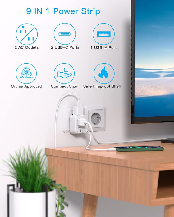 European Travel Plug Adapter USB C, HANYCONY International Plug Adapter, US to Europe Adapter Plug 2 Outlets 3 USB Ports(2 C Port), Type C Power Adapter to Italy Spain France Portugal Iceland Germany - hover image