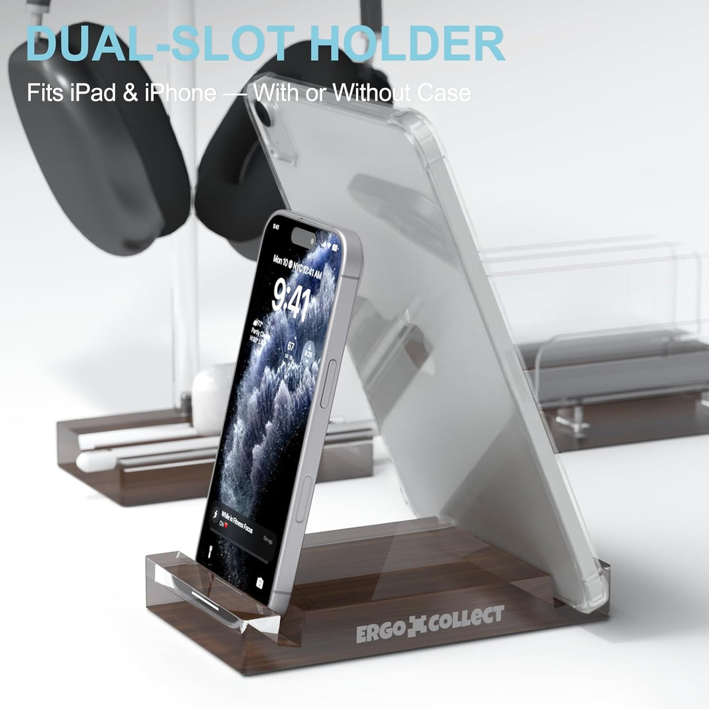 Vertical Laptop Stand for Desk – Adjustable Dual Slot Holder (Fits 2 Laptops & Controller), with Matching Headphone Stand & Phone/Tablet Holder, Acrylic Wood Finish