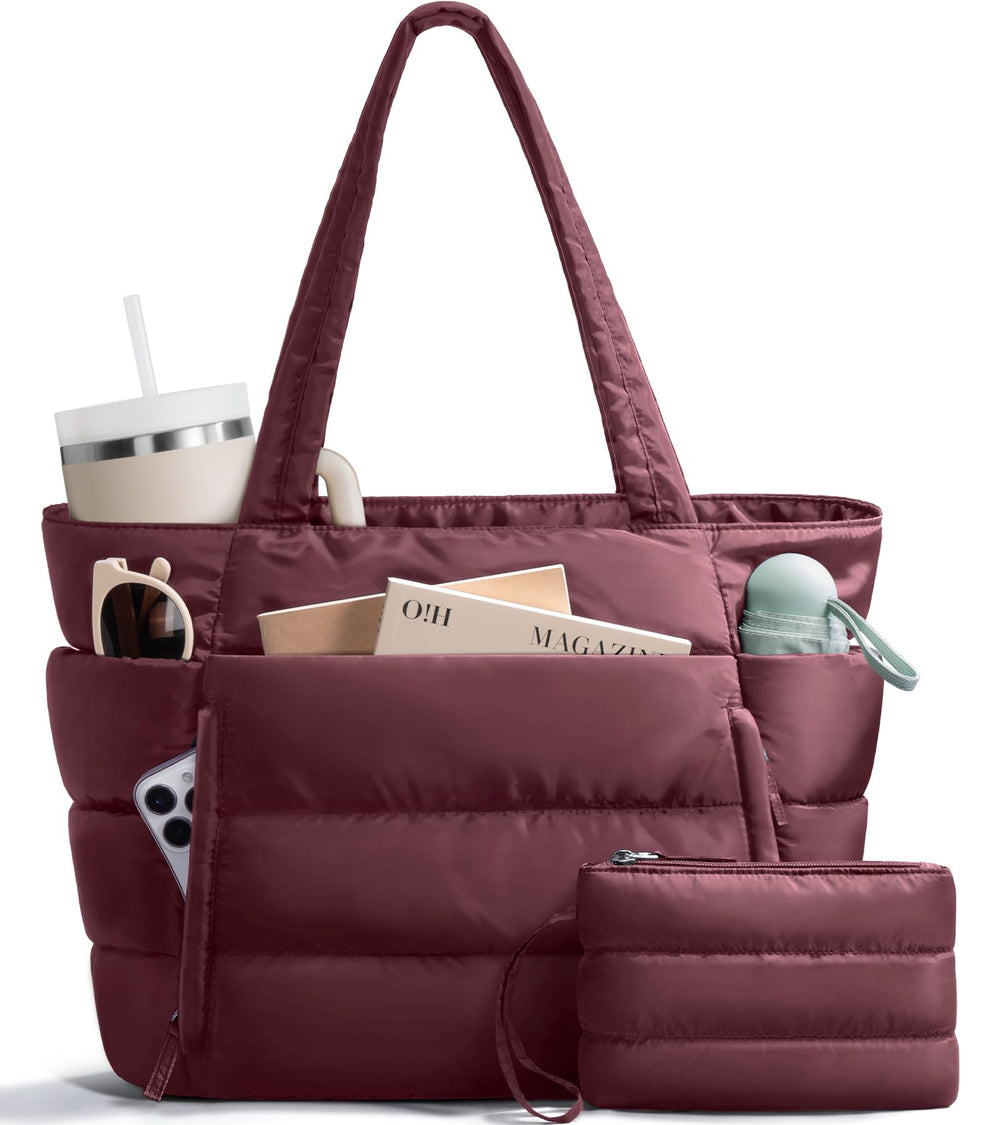 Bagstellar Puffer Tote Bag for Women, Lightweight Puffy Work Handbag Teacher Nurse Quilted Shoulder Bag for School Travel Gym | Cloud Bag w/ Zipper