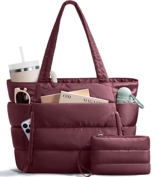 Bagstellar Puffer Tote Bag for Women, Lightweight Puffy Work Handbag Teacher Nurse Quilted Shoulder Bag for School Travel Gym | Cloud Bag w/ Zipper