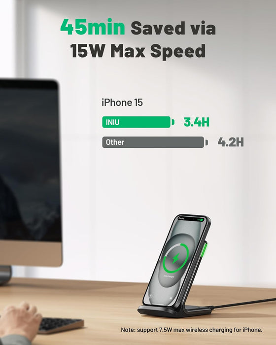 INIU Wireless Charger, 15W Fast Wireless Charging Station with Sleep-Friendly Adaptive Light Compatible with iPhone 17 16 15 14 13 12 Pro Max Samsung Galaxy S25 S24 S23 Note 20 Google etc - hover image