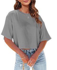Tankaneo Women Half Sleeve Cropped T-Shirts Drop Shoulder Round Neck Crop Tops Casual Summer Solid Color Basic Tees