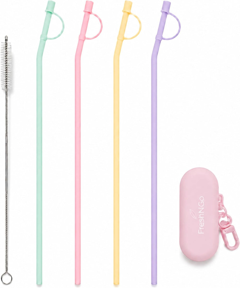 11.6‘’ Long Silicone Straws, 10PCS Reusable Travel Set with Caps and Case, 4 Bent Straws for Tumblers, Water Bottles, Travel Mugs, Hot and Iced Drinks
