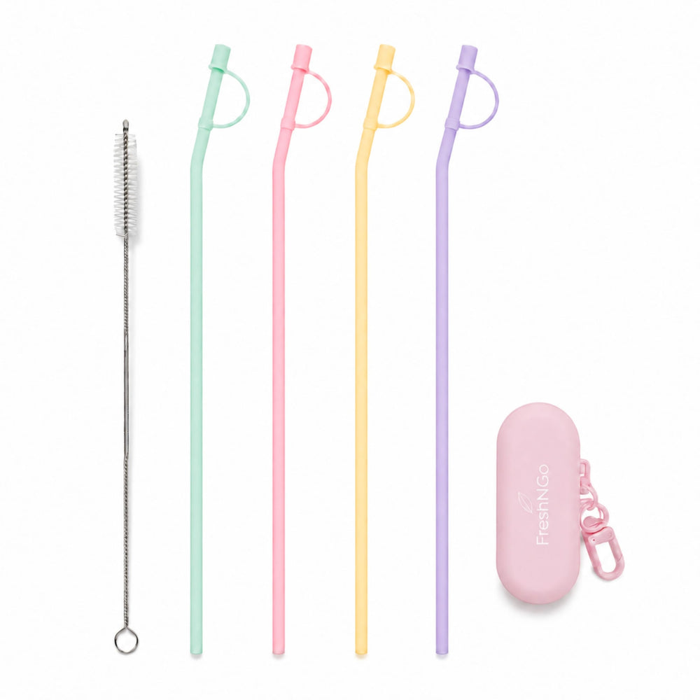 11.6‘’ Long Silicone Straws, 10PCS Reusable Travel Set with Caps and Case, 4 Bent Straws for Tumblers, Water Bottles, Travel Mugs, Hot and Iced Drinks