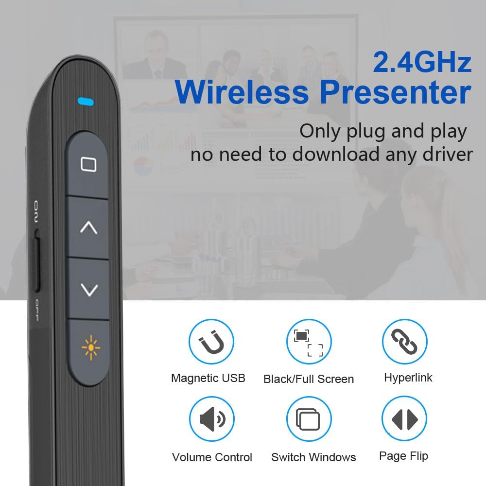 Presentation Clicker for PowerPoint, RF Wireless Presenter Remote with Hyperlink & Volume Control, USB PPT Clicker Slide Advancer for Laptop Computer Mac