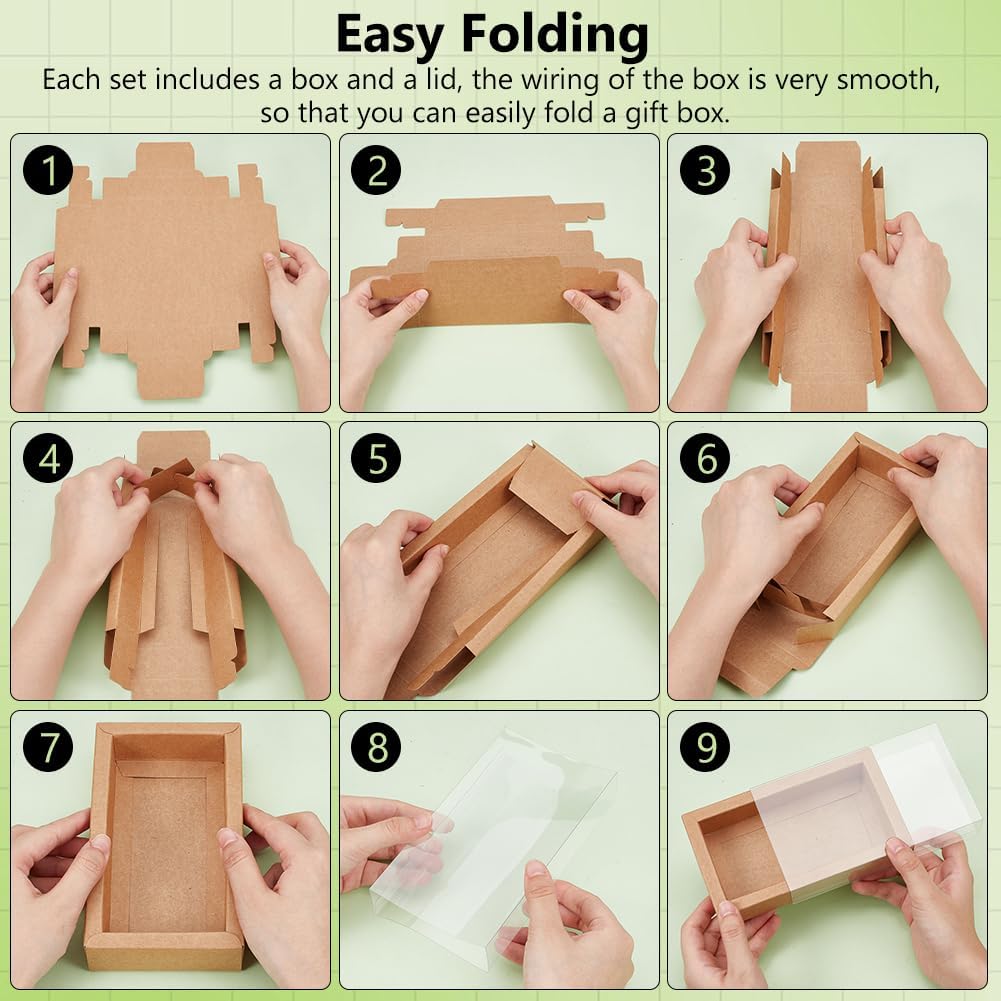 BENECREAT 30 Set Brown Kraft Drawer Gift Box, Paper Storage Organizers with Translucent Plastic Sliding Lid for Wedding Favors, DIY Crafts, Small Item Display, 7.17x5.12x1.8inch