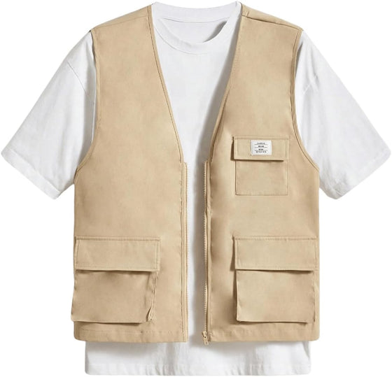 OYOANGLE Men's Sleeveless V Neck Zip Up Cargo Vest Letter Patched Flap Pocket Vest Coat Outerwear