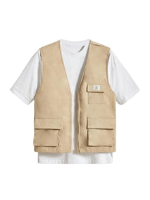 OYOANGLE Men's Sleeveless V Neck Zip Up Cargo Vest Letter Patched Flap Pocket Vest Coat Outerwear