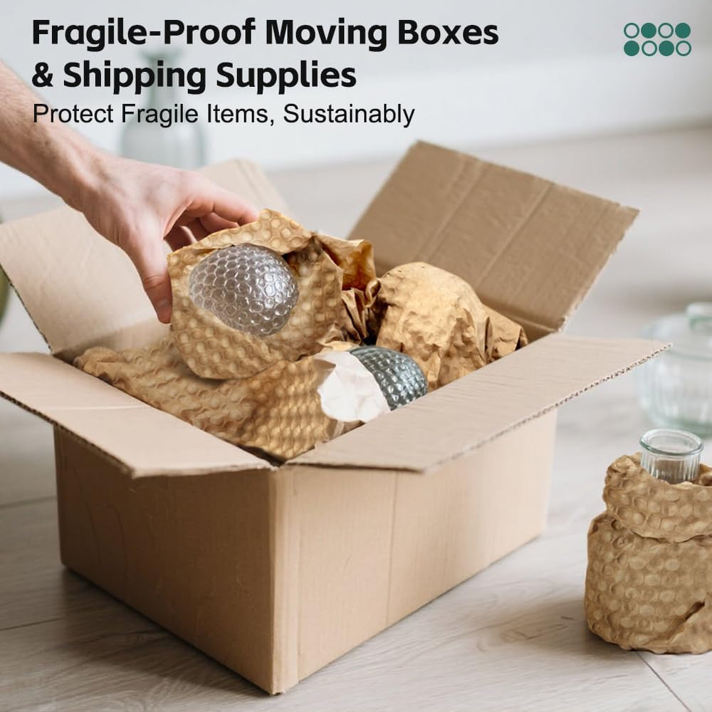 Paper Bubble Wrap Sheets for Packing 15" x 12” x 50 FT Bubble Wrap for Moving,Packing,Shipping, Recyclable Packing Paper for Glass,Dishes, Biodegradable Cushioning Wrap with 24 Fragile Stickers