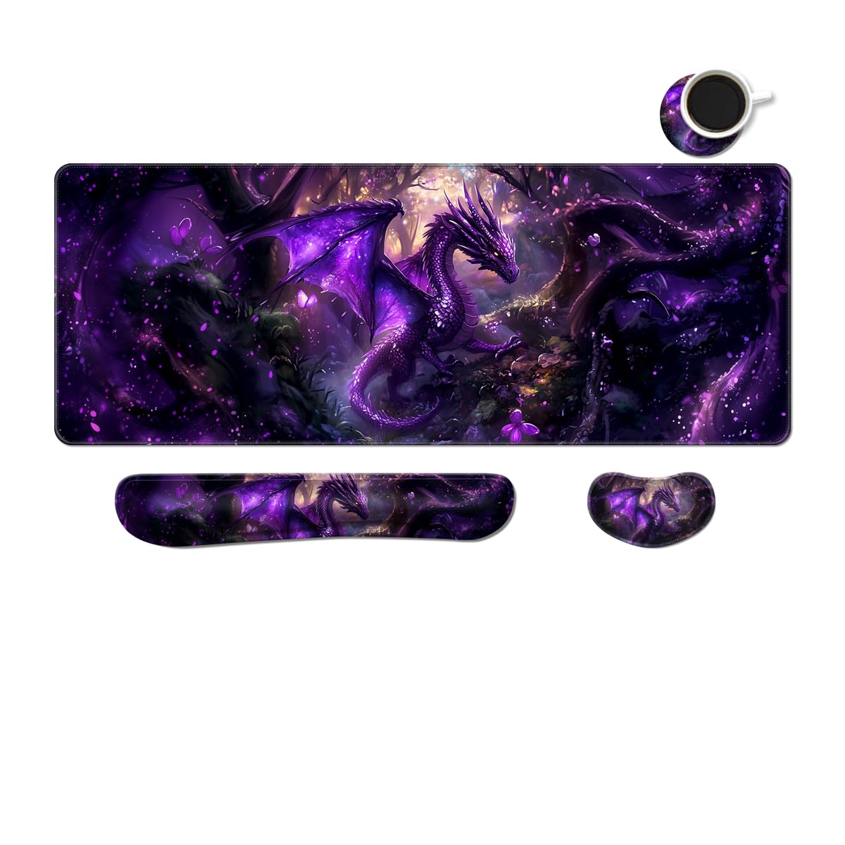 Desk Mat, Large Gaming Mouse Pad with Wrist Rest, 4 in1 XXL Mouse pad+Keyboard Wrist Rest+Mouse Pad Wrist Support+Cup Coaster Set, Ergonomic Desk Pad for Home Office, Trees Library