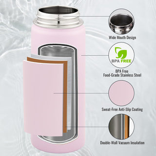 Fijinhom 18 oz Insulated Water Bottle with Handle, 304 Stainless Steel Water Bottles with Wide Mouth, Double Wall Vacuum Sports Water Bottle, BPA Free, Keep Cold and Hot, Pink