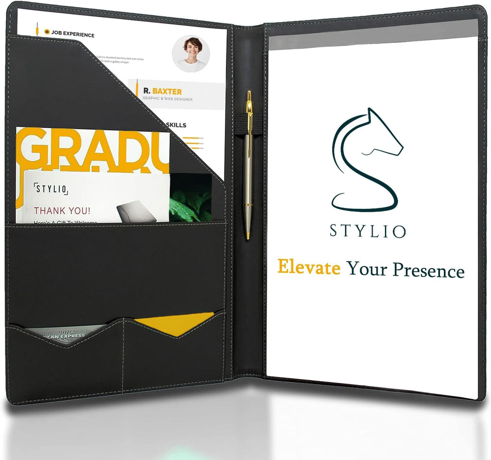 STYLIO Padfolio Portfolio Organizer Binder | Interview Resume Folder, Legal Document, Business Card Holder |w/Letter-Sized Notepad | Handsome Piano Noir Faux Leather Folio Matte Finish, Accent Stitch