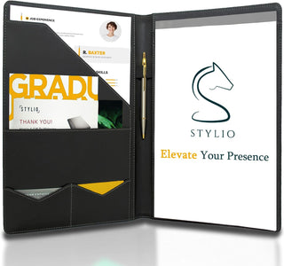 STYLIO Padfolio Portfolio Organizer Binder | Interview Resume Folder, Legal Document, Business Card Holder |w/Letter-Sized Notepad | Handsome Piano Noir Faux Leather Folio Matte Finish, Accent Stitch