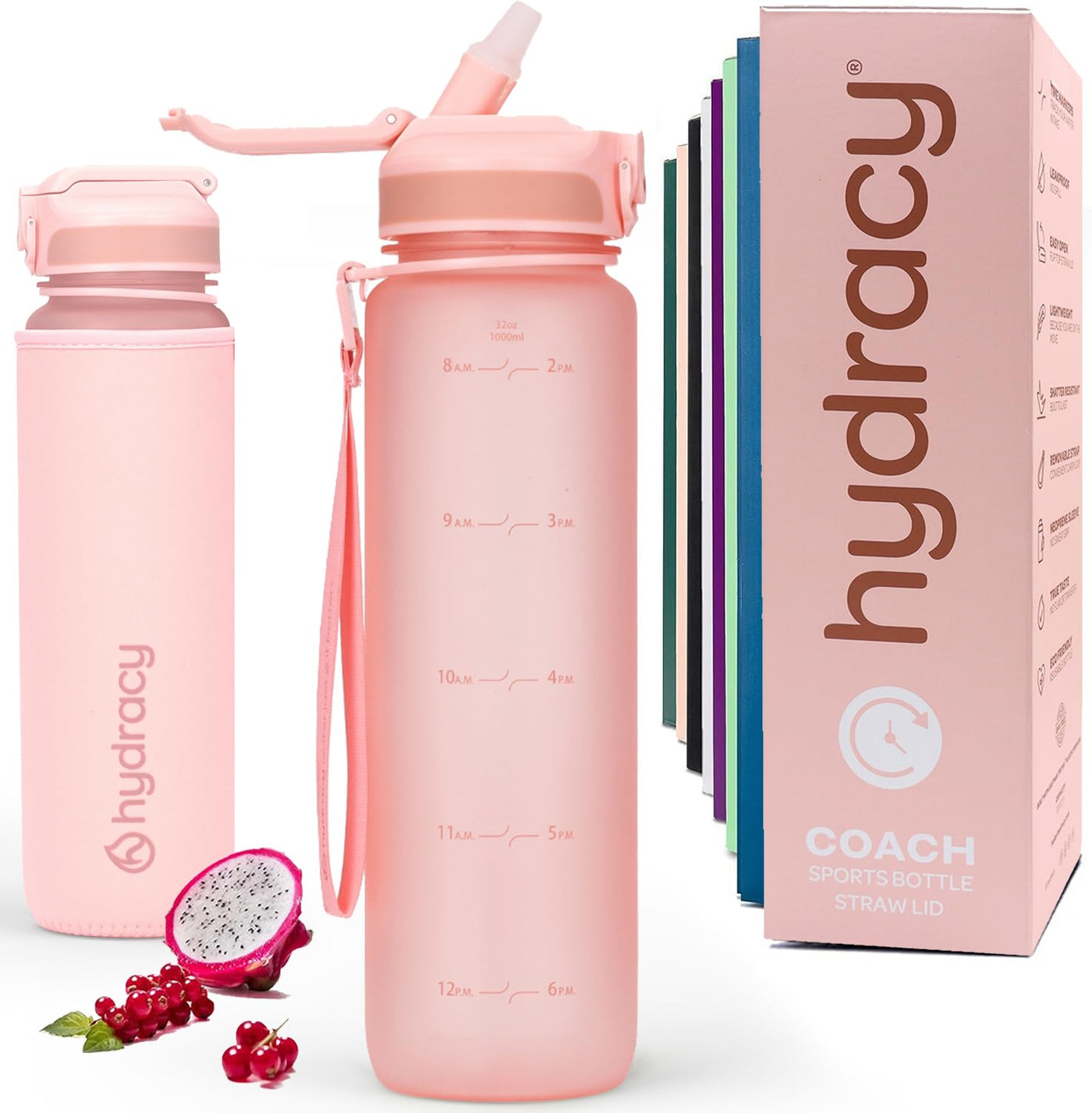 Hydracy Water Bottle with Time Marker -Large BPA Free Water Bottle & No Sweat Sleeve -Leak Proof Gym Bottle with Times to Drink - Ideal for Fitness Sports & Outdoors