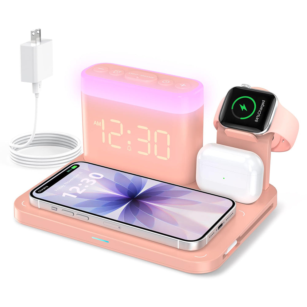 ANJANK Wireless Charging Station,5 in 1 Multiple Charger Stand with Alarm Clock,7 Night Light,Magnetic Charging Dock for iPhone 17 16 15 14 13 12 Pro Max Plus,Apple Watch 11/10/9/8,for Airpods,Bedroom