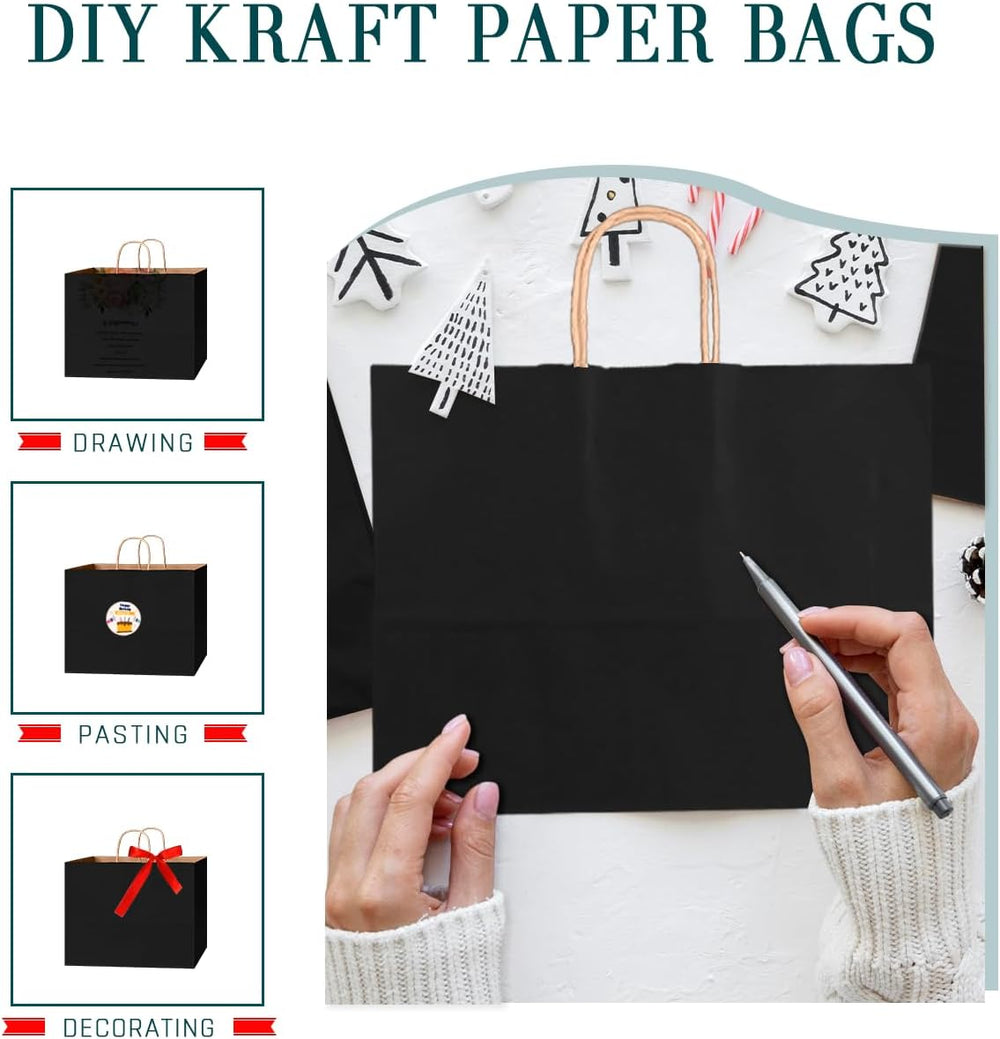 Bakepacker 100-Pack Wide Large Size Paper Bags With Handles Bulk 12.6"x4.3"x10" Black Party Kraft Shopping Bags