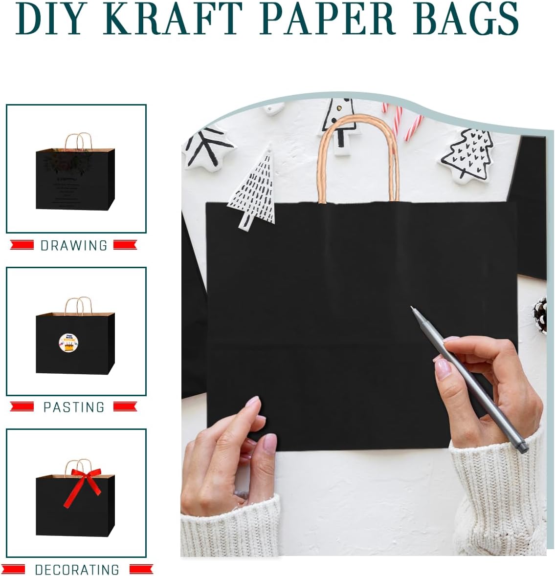 Bakepacker 100-Pack Wide Large Size Paper Bags With Handles Bulk 12.6"x4.3"x10" Black Party Kraft Shopping Bags