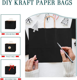 Bakepacker 100-Pack Wide Large Size Paper Bags With Handles Bulk 12.6"x4.3"x10" Black Party Kraft Shopping Bags