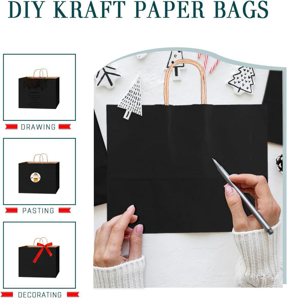 Bakepacker 100-Pack Wide Large Size Paper Bags With Handles Bulk 12.6"x4.3"x10" Black Party Kraft Shopping Bags - hover image