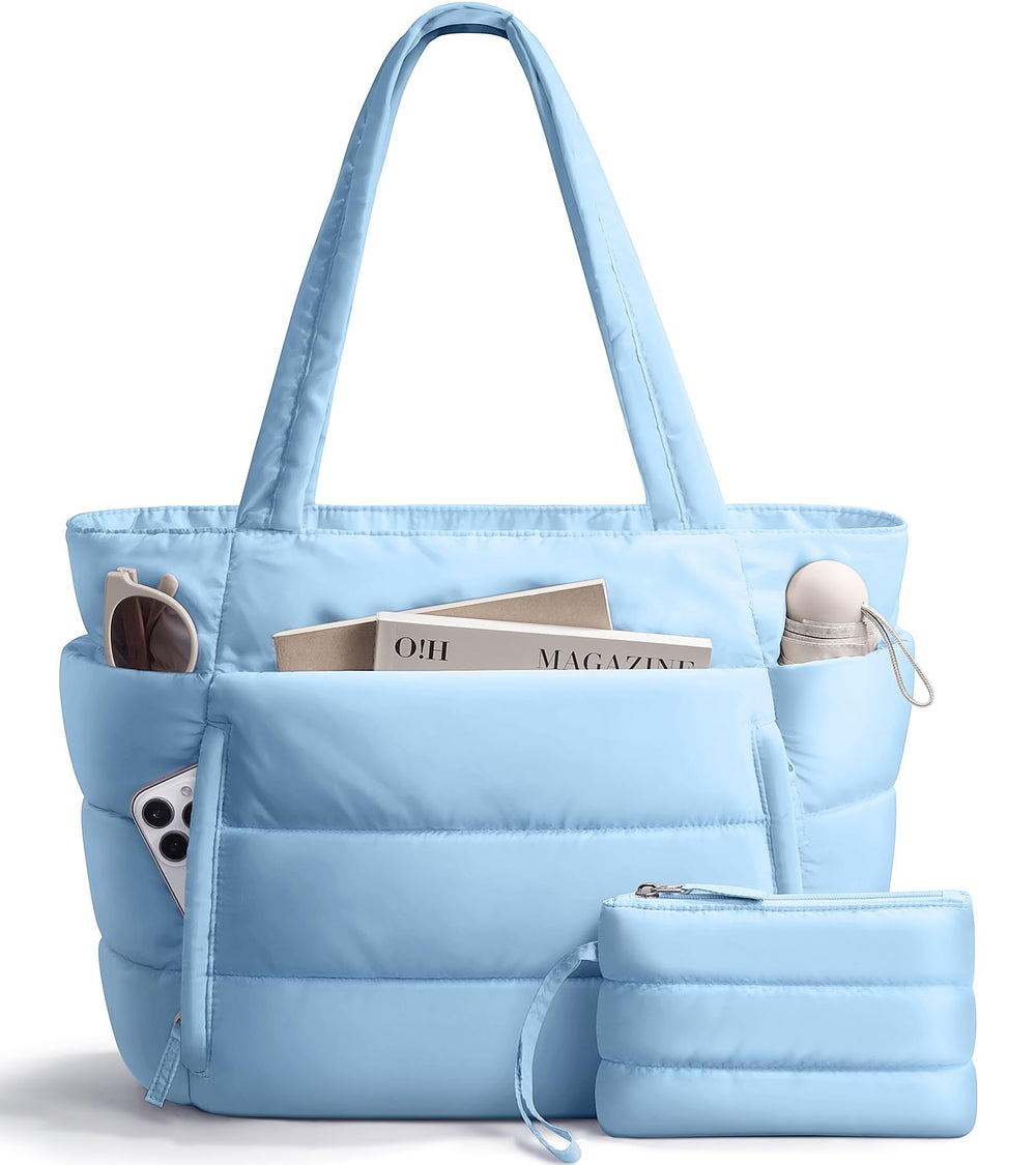 Bagstellar Puffer Tote Bag for Women, Lightweight Puffy Work Handbag Teacher Nurse Quilted Shoulder Bag for School Travel Gym | Cloud Bag w/ Zipper