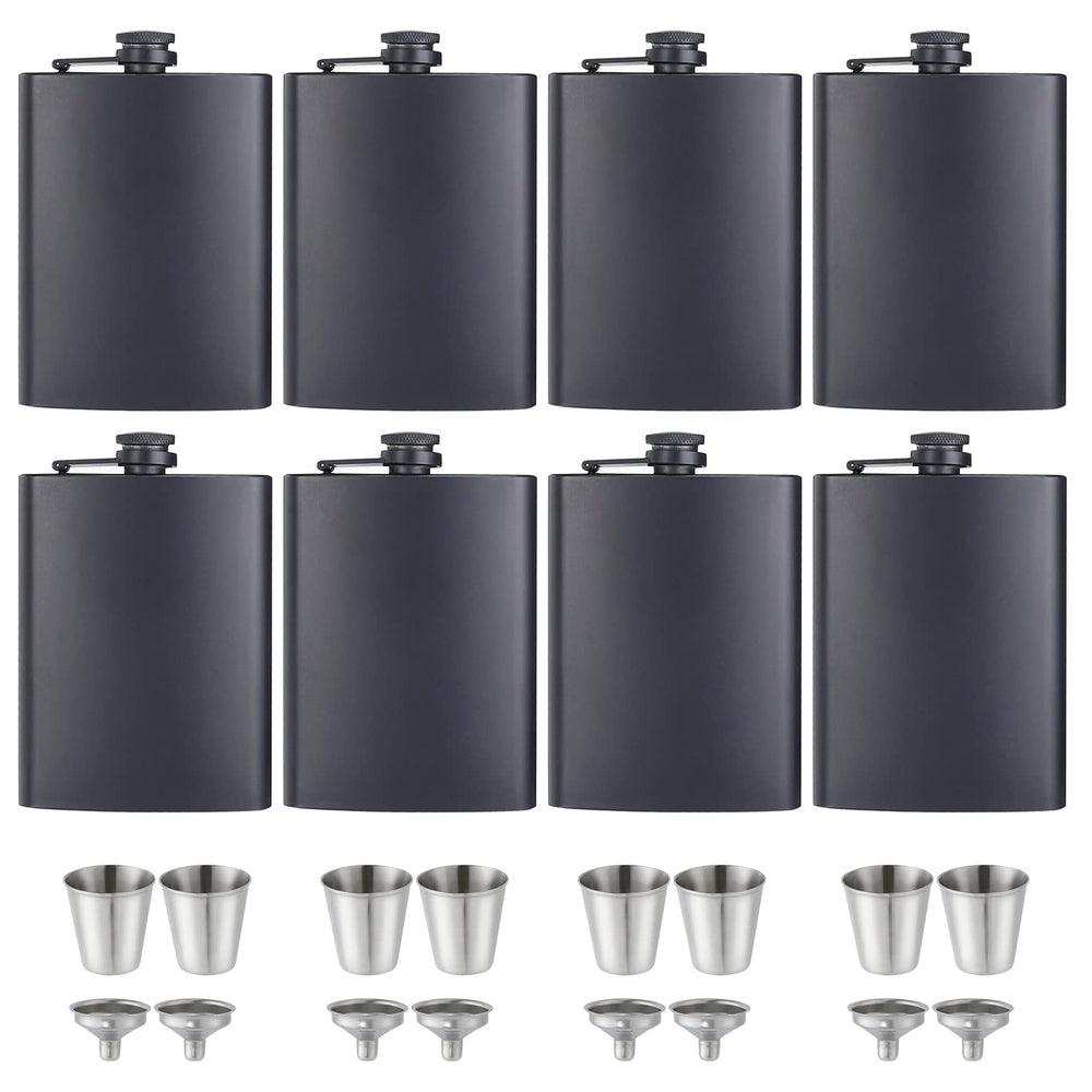 ROMORC 2 Pack Hip Flasks for Liquor Matte Black 8 Oz Stainless Steel Leak-proof Thin Flasks with 2pcs Funnels and Cups for Wedding Party, Groomsman, Bridesmaid, Gift (Black)