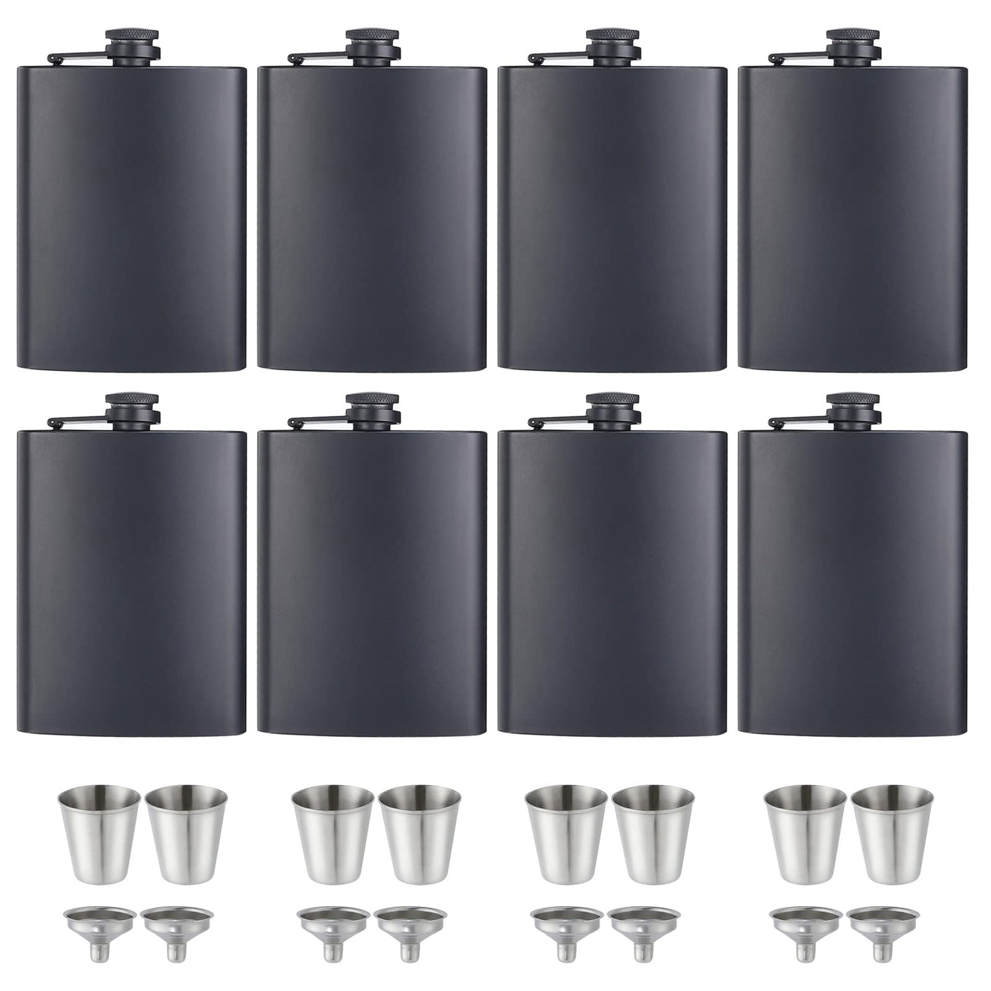 ROMORC 2 Pack Hip Flasks for Liquor Matte Black 8 Oz Stainless Steel Leak-proof Thin Flasks with 2pcs Funnels and Cups for Wedding Party, Groomsman, Bridesmaid, Gift (Black)