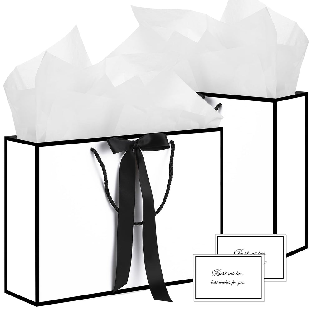 woric Black Gift Bags with Handles, 14" Medium Gift Bag with Tissue Paper, 2 Pcs Bags with 4 Tissue Paper and 2 Cards for Men Graduation Father's Day Birthday Party