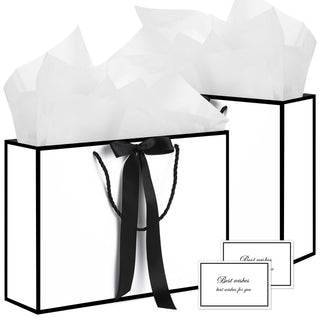 woric Black Gift Bags with Handles, 14" Medium Gift Bag with Tissue Paper, 2 Pcs Bags with 4 Tissue Paper and 2 Cards for Men Graduation Father's Day Birthday Party