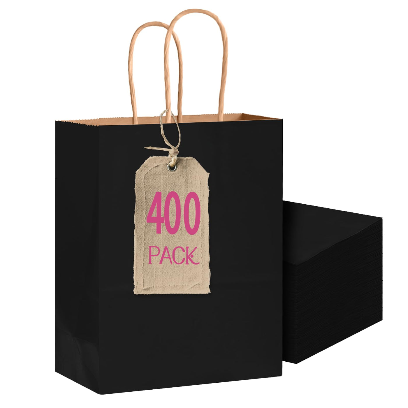 Bakepacker 100-Pack Wide Large Size Paper Bags With Handles Bulk 12.6"x4.3"x10" Black Party Kraft Shopping Bags