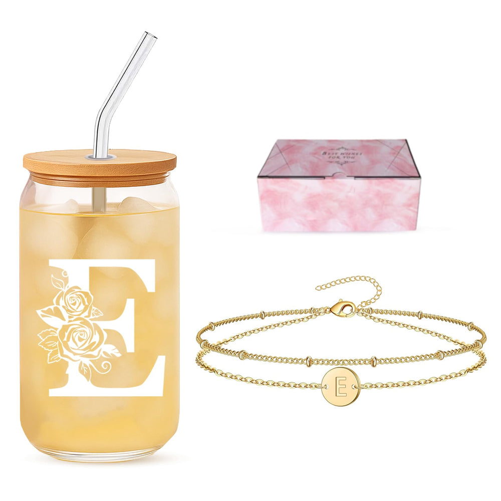 Friendship Gifts for Women, Initial Glass Cup and Bracelet Gift Set, Personalized Ready to Gift Letter Gift for Bestie, Women Friends and Special Occasions