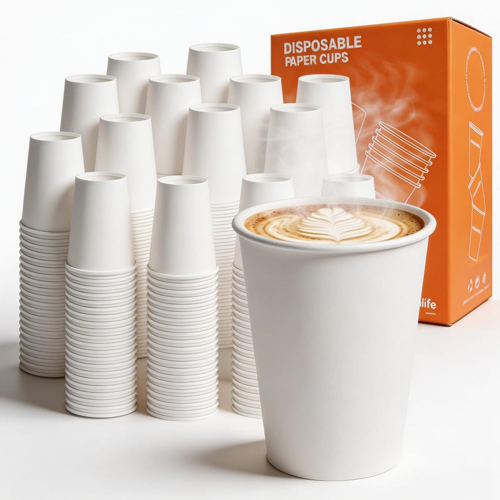 MOUMOULIFE 12 oz Disposable Paper Coffee Cups, 100 Count – Leak-Resistant White Cups for Hot & Cold Drinks, Ideal for Office, Party, Travel, To Go & Daily Use