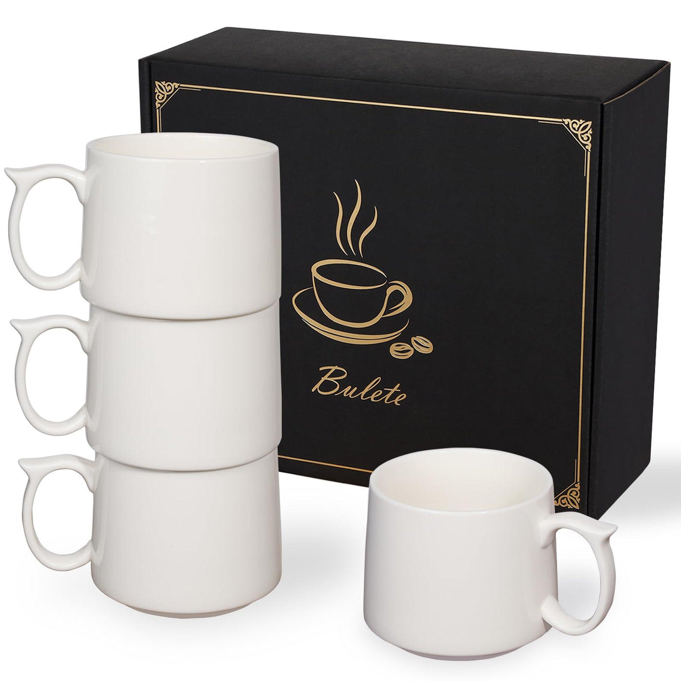Coffee Mugs Gift Set of 4, Large 19 oz Stackable Ceramic Coffee Mug, Coffee Cups with Large Handle for Latte, Cappuccino, Milk, Tea, Dishwasher & Microwave Safe, Ideal for Men, Women - Black