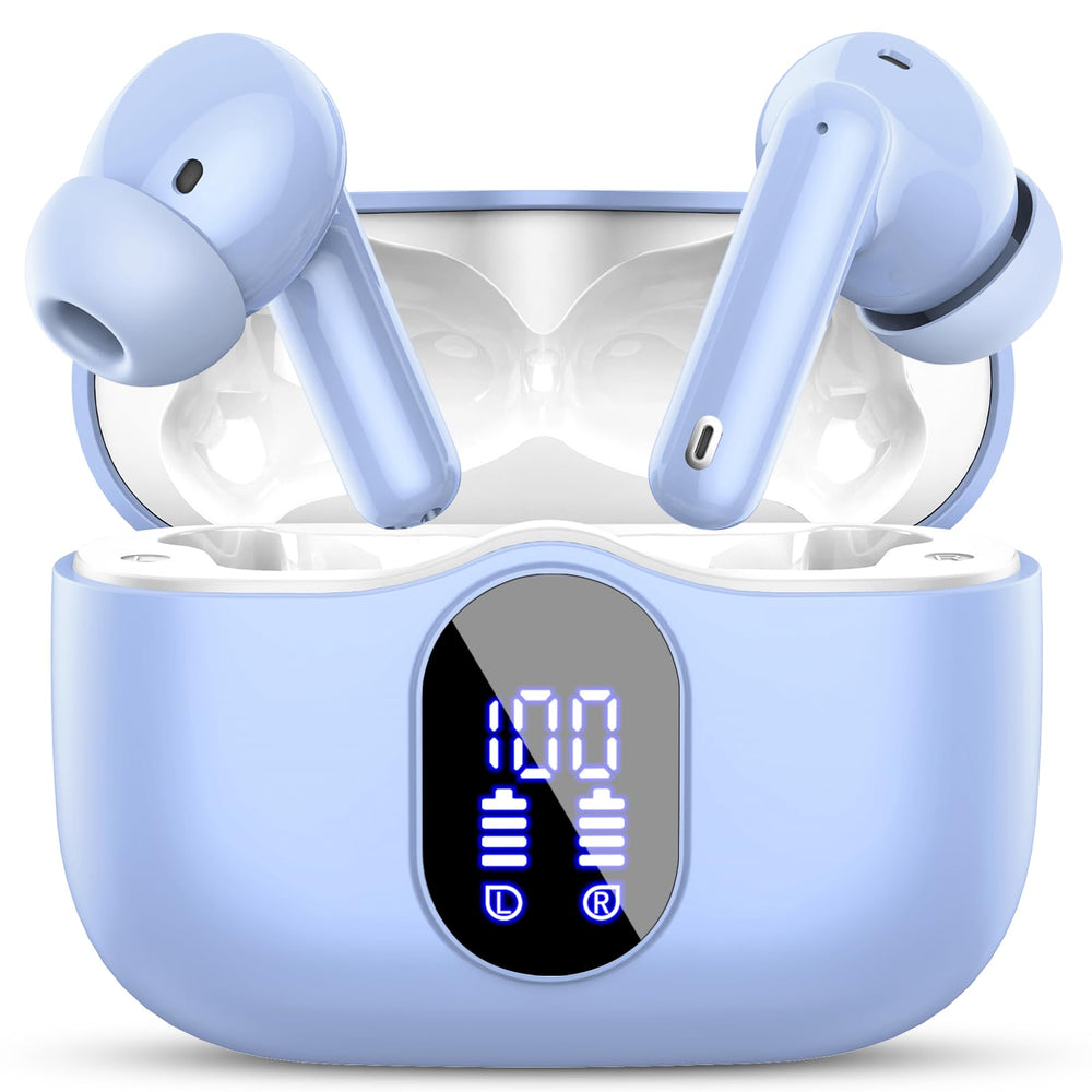 Wireless Earbuds, Bluetooth 5.4 Headphones Bass Stereo, Ear Buds with Noise Cancelling Mic, LED Display in Ear Earphones Clear Calls, IP7 Waterproof Bluetooth Earbuds for Phones/Sports/Laptop, White
