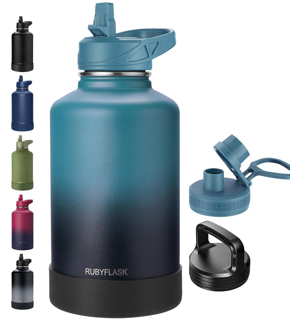 RUBYFLASK 32oz Insulated Water Bottle with Straw, Stainless Steel Metal Vacuum Water Flask, Large Thermal Water bottle with Leakproof 3 Lids for Travel, Camping, Gym Sports Indigo Black