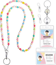 Lanyards for ID Badges Teacher Gifts Cute Wooden Beaded Lanyard with ID Holder Retractable Badge Reel Keys Eyeglass Chains for Women