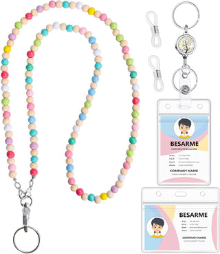 Lanyards for ID Badges Teacher Gifts Cute Wooden Beaded Lanyard with ID Holder Retractable Badge Reel Keys Eyeglass Chains for Women