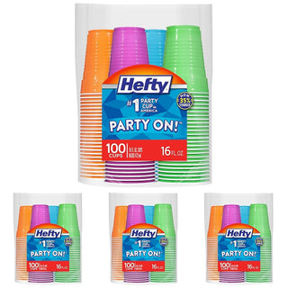 Hefty Party On Disposable Plastic Cups, Assorted, 16 Ounce, 100 Count