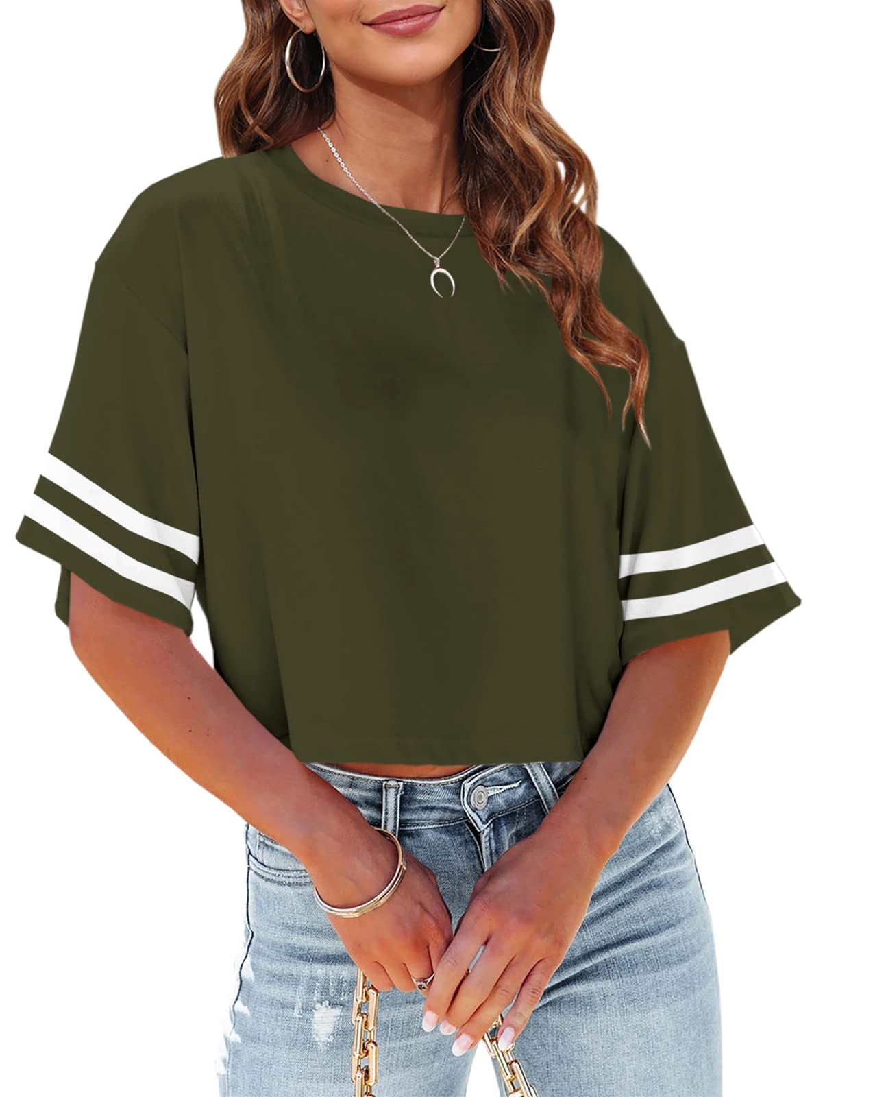 Tankaneo Women Half Sleeve Cropped T-Shirts Drop Shoulder Round Neck Crop Tops Casual Summer Solid Color Basic Tees