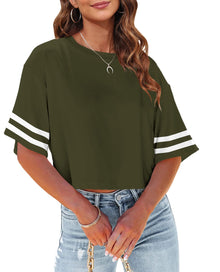 Tankaneo Women Half Sleeve Cropped T-Shirts Drop Shoulder Round Neck Crop Tops Casual Summer Solid Color Basic Tees