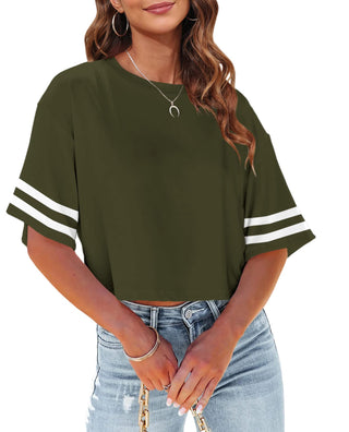 Tankaneo Women Half Sleeve Cropped T-Shirts Drop Shoulder Round Neck Crop Tops Casual Summer Solid Color Basic Tees