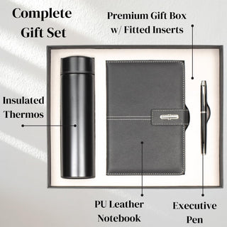 Shadow Breeze A5 Leather Notebook, Insulated Thermos and Executive Pen Gift Set in Premium Gift Box, 172 Pages 100GSM Ruled Pages, 12 oz, Great Gift for Business, School, Home (Black)