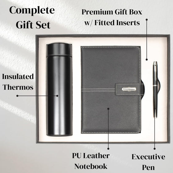 Shadow Breeze A5 Leather Notebook, Insulated Thermos and Executive Pen Gift Set in Premium Gift Box, 172 Pages 100GSM Ruled Pages, 12 oz, Great Gift for Business, School, Home (Black) - hover image
