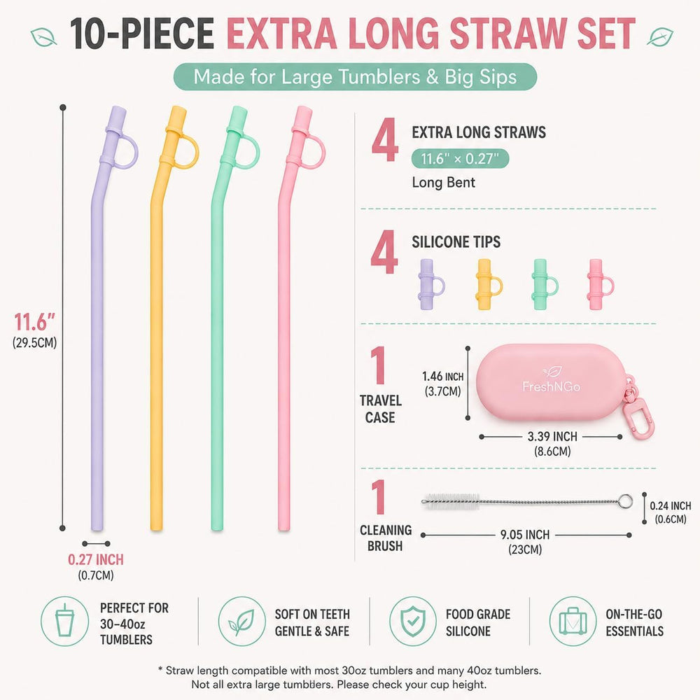 11.6‘’ Long Silicone Straws, 10PCS Reusable Travel Set with Caps and Case, 4 Bent Straws for Tumblers, Water Bottles, Travel Mugs, Hot and Iced Drinks