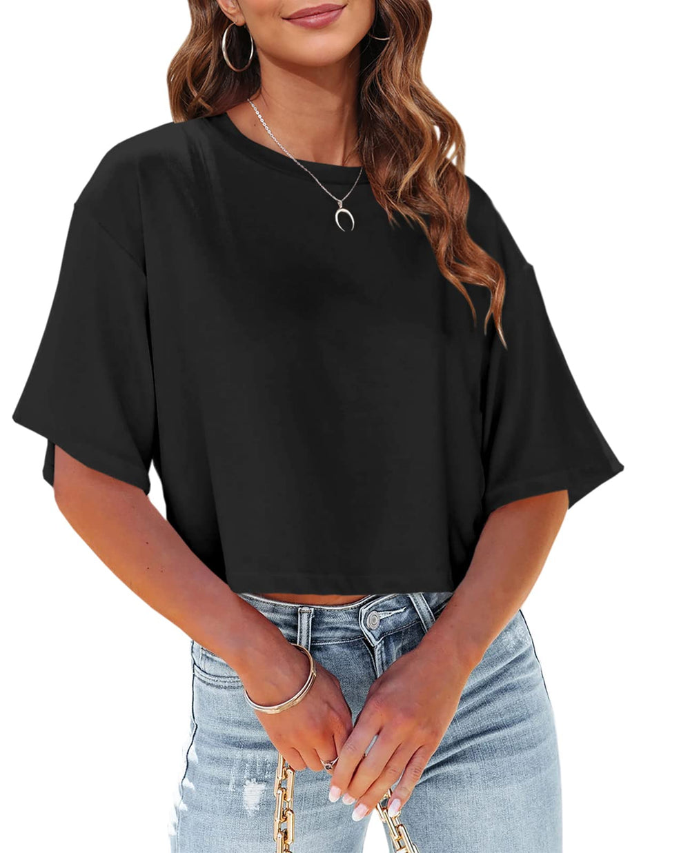 Tankaneo Women Half Sleeve Cropped T-Shirts Drop Shoulder Round Neck Crop Tops Casual Summer Solid Color Basic Tees