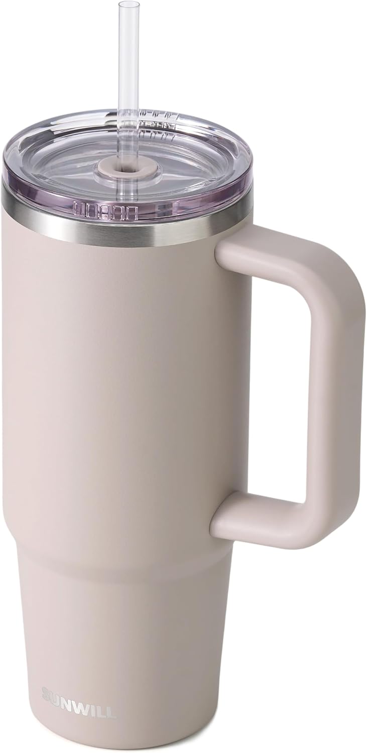 SUNWILL Insulated Coffee Tumbler with Handle, 30oz Stainless Steel Travel Mug with Straw, Spill Resistant Lid, Cup Holder Friendly, Powder Coated Almond