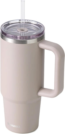 SUNWILL Insulated Coffee Tumbler with Handle, 30oz Stainless Steel Travel Mug with Straw, Spill Resistant Lid, Cup Holder Friendly, Powder Coated Almond