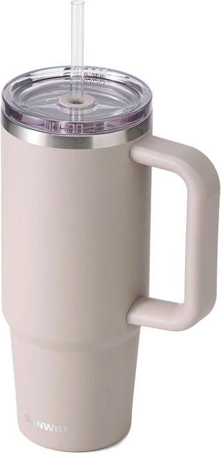 SUNWILL Insulated Coffee Tumbler with Handle, 30oz Stainless Steel Travel Mug with Straw, Spill Resistant Lid, Cup Holder Friendly, Powder Coated Almond