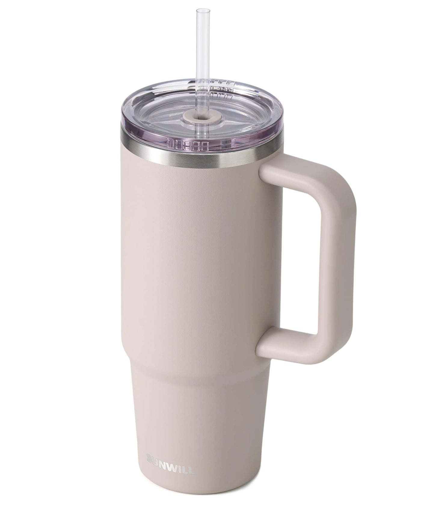 SUNWILL Insulated Coffee Tumbler with Handle, 30oz Stainless Steel Travel Mug with Straw, Spill Resistant Lid, Cup Holder Friendly, Powder Coated Almond